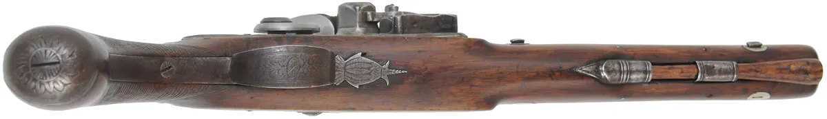 Antique Belt Pistol,
.60 caliber smoothbore, 9-1/4" barrel,
reconverted to flint lock, repaired walnut, iron trim