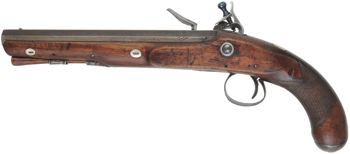 Antique Belt Pistol,
.60 caliber smoothbore, 9-1/4" barrel,
reconverted to flint lock, repaired walnut, iron trim