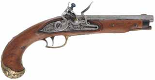 Germanic Belt Pistol, 
.49 caliber smoothbore, 7" octagon-to-round barrel, 
chiseled brass furniture, reconverted flint lock,
marked Zoifel in Niesenthal