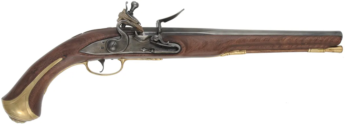 French Trade Pistol,
.54 caliber smoothbore, 12" barrel,
L&R flintlock, walnut, brass trim,
new, unfired, by T. Frasier French Trade Pistol,
.54 caliber smoothbore, 12" barrel,
L&R flintlock, walnut, brass trim,
new, unfired, by T. Frasier