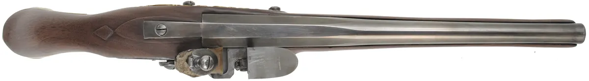 French Trade Pistol,
.54 caliber smoothbore, 12" barrel,
L&R flintlock, walnut, brass trim,
new, unfired, by T. Frasier French Trade Pistol,
.54 caliber smoothbore, 12" barrel,
L&R flintlock, walnut, brass trim,
new, unfired, by T. Frasier