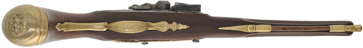French Trade Pistol,
.54 caliber smoothbore, 12" barrel,
L&R flintlock, walnut, brass trim,
new, unfired, by T. Frasier French Trade Pistol,
.54 caliber smoothbore, 12" barrel,
L&R flintlock, walnut, brass trim,
new, unfired, by T. Frasier