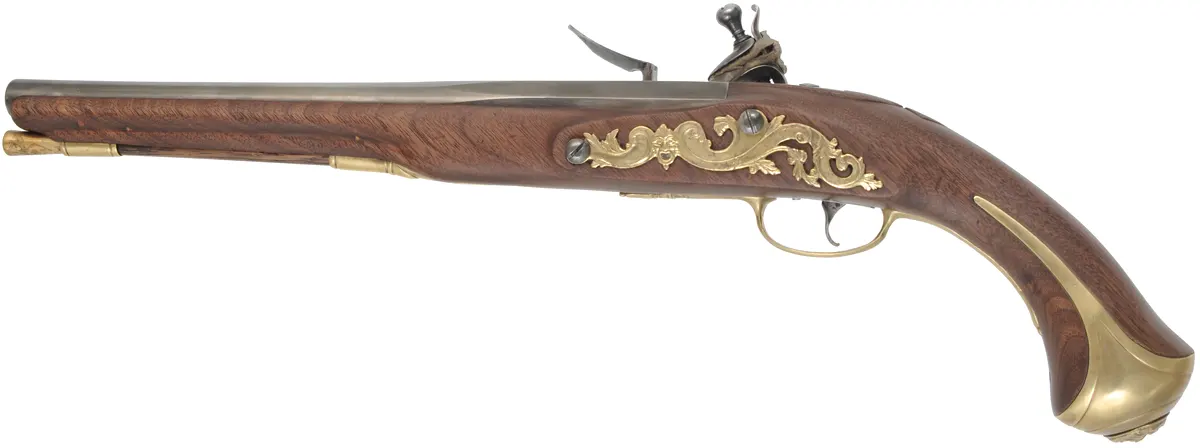 French Trade Pistol,
.54 caliber smoothbore, 12" barrel,
L&R flintlock, walnut, brass trim,
new, unfired, by T. Frasier French Trade Pistol,
.54 caliber smoothbore, 12" barrel,
L&R flintlock, walnut, brass trim,
new, unfired, by T. Frasier