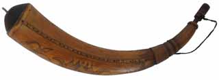 Powder Horn,
12-3/4" outer curve , antique patina, 
scrimshaw Pennsylvania Dutch designs