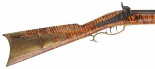Antique Ohio Fullstock Longrifle,
.41 caliber, 35" barrel marked J. Witt & Co.,
percussion, maple stock, brass, 
with original accessories; horn, hunting pouch, mold, powder measure

