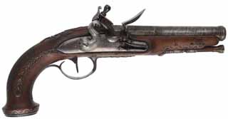 Antique Gentleman's Belt Pistol,
.52 caliber smoothbore, 5-3/4" Damascus barrel, 
flintlock, walnut, iron, silver wire inlay