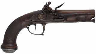 Antique Belt Pistol,
.58 caliber smoothbore, 5-1/4" octagon barrel, 
flintlock, checkered walnut, iron trim