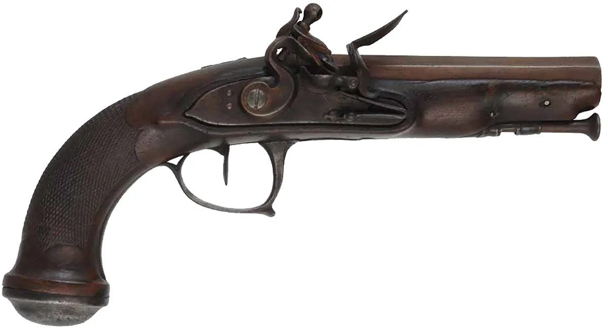 Antique Belt Pistol,
.58 caliber smoothbore, 5-1/4" octagon barrel,
flintlock, checkered walnut, iron trim Antique Belt Pistol,
.58 caliber smoothbore, 5-1/4" octagon barrel,
flintlock, checkered walnut, iron trim