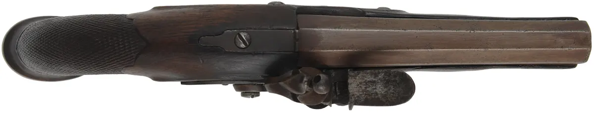 Antique Belt Pistol,
.58 caliber smoothbore, 5-1/4" octagon barrel,
flintlock, checkered walnut, iron trim Antique Belt Pistol,
.58 caliber smoothbore, 5-1/4" octagon barrel,
flintlock, checkered walnut, iron trim