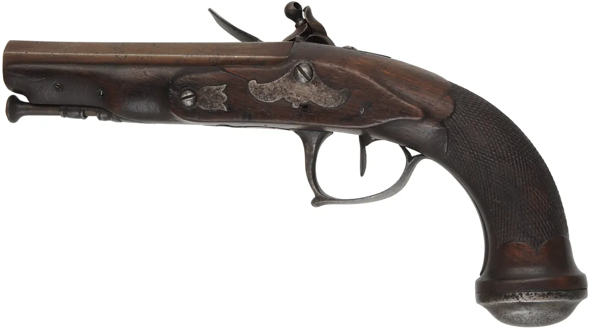 Antique Belt Pistol,
.58 caliber smoothbore, 5-1/4" octagon barrel,
flintlock, checkered walnut, iron trim Antique Belt Pistol,
.58 caliber smoothbore, 5-1/4" octagon barrel,
flintlock, checkered walnut, iron trim
