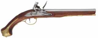 British Dragoon Pistol,
.62 caliber smooth bore, 10-1/2" barrel,
Chambers flint lock, walnut, brass trim, 
new, by Kendall Brady