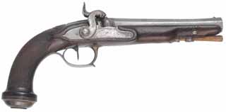 Antique Belt Pistol,
.58 caliber, 7" swamped barrel, 
percussion conversion lock, checkered walnut, iron trim