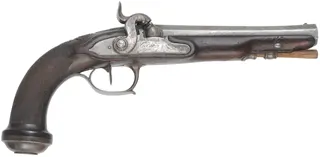 Antique Belt Pistol,
.58 caliber, 7" swamped barrel, 
percussion conversion lock, checkered walnut, iron trim