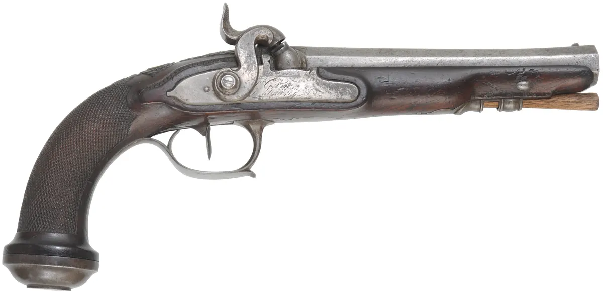 Antique Belt Pistol,
.58 caliber, 7" swamped barrel,
percussion conversion lock, checkered walnut, iron trim Antique Belt Pistol,
.58 caliber, 7" swamped barrel,
percussion conversion lock, checkered walnut, iron trim