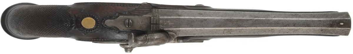 Antique Belt Pistol,
.58 caliber, 7" swamped barrel,
percussion conversion lock, checkered walnut, iron trim Antique Belt Pistol,
.58 caliber, 7" swamped barrel,
percussion conversion lock, checkered walnut, iron trim