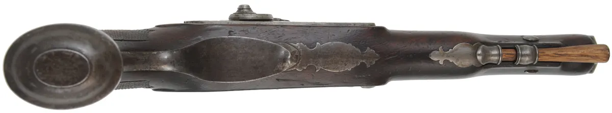 Antique Belt Pistol,
.58 caliber, 7" swamped barrel,
percussion conversion lock, checkered walnut, iron trim Antique Belt Pistol,
.58 caliber, 7" swamped barrel,
percussion conversion lock, checkered walnut, iron trim