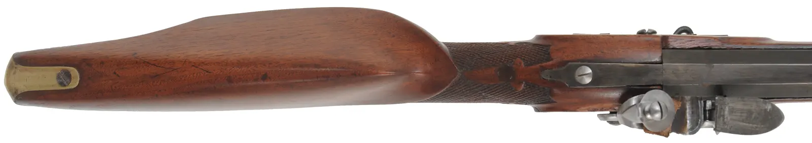Antique European Fowling Gun,
.60 caliber smoothbore, 35-3/4" tapered octagon barrel, 
flintlock, checkered walnut, brass trim 