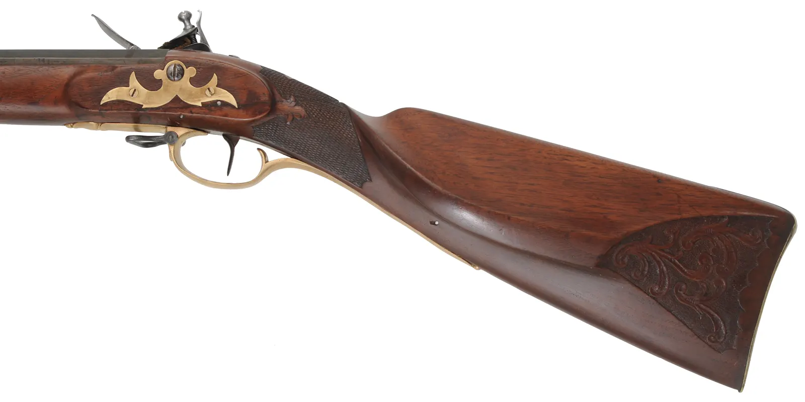 Antique European Fowling Gun,
.60 caliber smoothbore, 35-3/4" tapered octagon barrel, 
flintlock, checkered walnut, brass trim 
