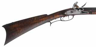 Southern Mountain Rifle,
.45 caliber, 44" Green Mountain swamped barrel,
Ketland lock, curly maple, iron trim, patina finished