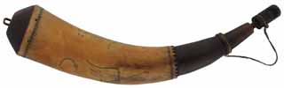 Powder Horn,
11", scrimshaw hell horse, 
patina finished, iron staple