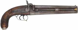 Antique Howda Pistol,
.62 caliber smoothbore, 7-3/4" barrels, 
over under, back action locks, 
nickel silver furniture, raised carved walnut