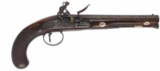 Antique English Pistol,
.58 caliber smoothbore, 9" swamped barrel,
figured walnut, engraved iron trim, flintlock,
repaired stock, signed Knubley