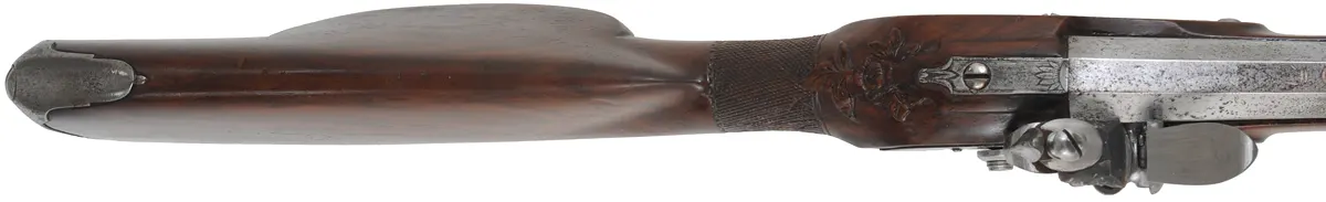 Antique European Fowling Gun,
.59 caliber smoothbore, 33-3/4" swamped octagon barrel,
reconverted flintlock, checkered walnut, bras & iron trim Antique European Fowling Gun,
.59 caliber smoothbore, 33-3/4" swamped octagon barrel,
reconverted flintlock, checkered walnut, bras & iron trim