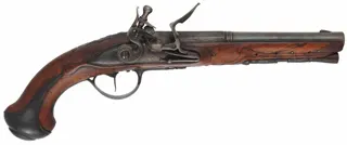 Antique French Pistol,
.55 caliber smoothbore,  8-3/8" octagon-to-round barrel,
reconverted flintlock, iron trim, walnut, unsigned