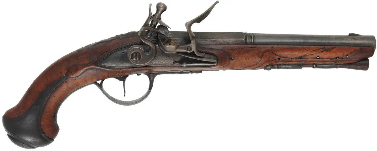 Antique French Pistol,
.55 caliber smoothbore, 8-3/8" octagon-to-round barrel,
reconverted flintlock, iron trim, walnut, unsigned Antique French Pistol,
.55 caliber smoothbore, 8-3/8" octagon-to-round barrel,
reconverted flintlock, iron trim, walnut, unsigned