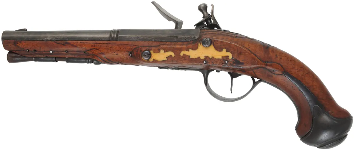 Antique French Pistol,
.55 caliber smoothbore, 8-3/8" octagon-to-round barrel,
reconverted flintlock, iron trim, walnut, unsigned Antique French Pistol,
.55 caliber smoothbore, 8-3/8" octagon-to-round barrel,
reconverted flintlock, iron trim, walnut, unsigned