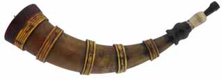 Banded Powder Horn,
13" overall length, turned base, 
five bands, turned antler tip, antique patina, 
by Scott & Cathy Sibley