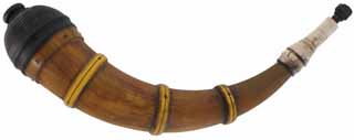 Banded Powder Horn,
15" overall length , turned base, 
turned antler tip, antique patina, 
by Scott & Cathy Sibley