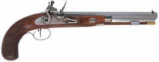 Charles Moore Flint Lock Pistol
.45 caliber, 11" barrel,
walnut stock, iron trim, single set trigger,
by Davide Pedersoli