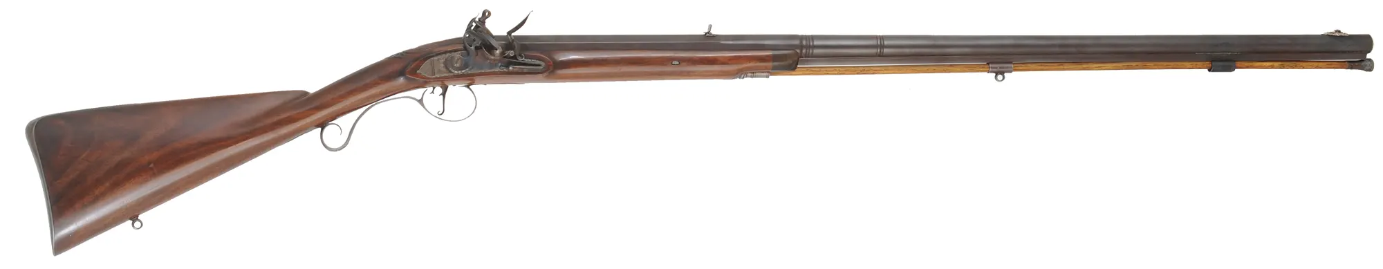 Fowler with Smooth and Rifled Barrels,
20 gauge, 35-1/2" octagon-to-round barrel,
.54 caliber, 33" octagon-to-round barrel,
L&R flint lock, walnut, iron trim, used