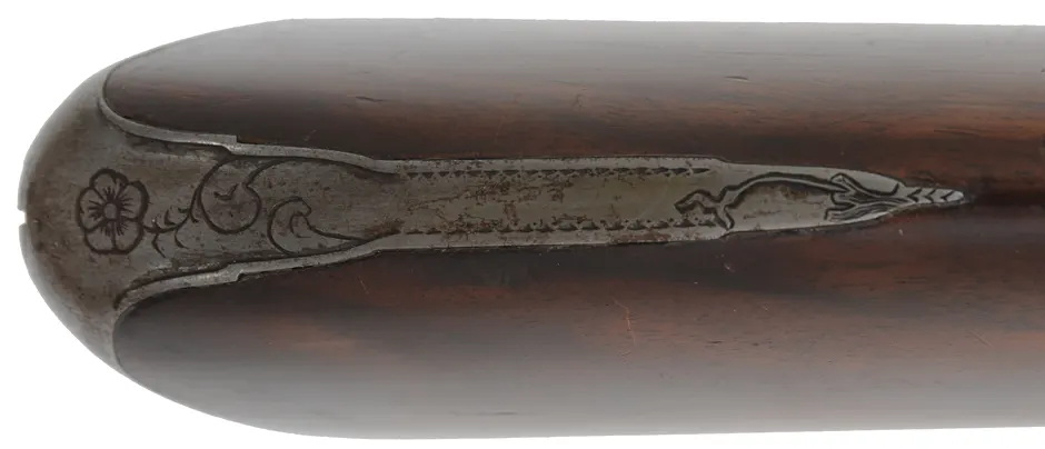 Fowler with Smooth and Rifled Barrels,
20 gauge, 35-1/2" octagon-to-round barrel,
.54 caliber, 33" octagon-to-round barrel,
L&R flint lock, walnut, iron trim, used