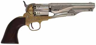 Presentation Engraved 1861 Colt Navy Revolver, 
.36 caliber 5" barrel, 
nickel plated brass frame, walnut,
as-new, unfired, by Pietta