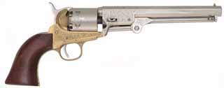 Presentation Engraved 1851 Colt Navy Revolver, 
.36 caliber 7-1/2" barrel, 
nickel plated brass frame, walnut,
as-new, unfired, by Pietta