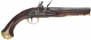 French Pistol,
.50 caliber smoothbore, 7-1/2" tapered round barrel,
R.E. Davis flintlock, engraved brass, walnut, 
new, unfired, by Leonard Day III