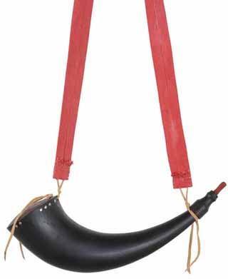 Eastern Buffalo Powder Horn,
15" with beaded base, red linen strap, 
hand made, by Scott & Cathy Sibley