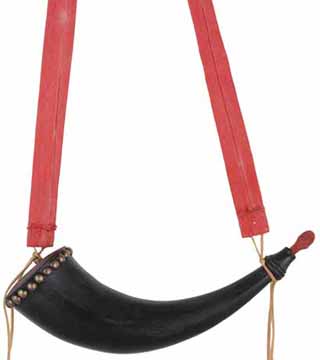 Western Style Buffalo Powder Horn,
14" with tacked base, red linen strap, 
hand made, by Scott & Cathy Sibley