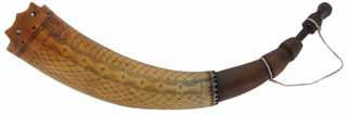 Powder Horn,
12", raised lip for strap,
scrimshaw geometric design