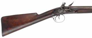 Antique Double Shotgun,
14 gauge, 29" Damascus barrels,
reconverted flintlock, walnut, used, 
signed by Tirebuck London