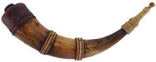 Banded Powder Horn,
15-1/2" overall length, turned base, 
two bands, turned antler tip, antique patina, 
by Scott & Cathy Sibley