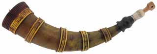 Banded Powder Horn,
13" overall length, turned base, 
five bands, turned antler tip, antique patina, 
by Scott & Cathy Sibley