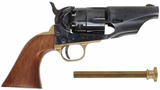 Snub Nose 1860 Colt Army Revolver
.44 caliber, 3" barrel,
walnut grip, color case hardened frame, used, 
includes box with loading tool, by Pietta of Italy
