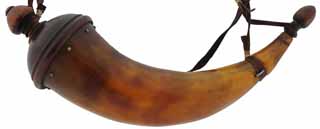 Powder Horn,
12", patina finished, cherry base, 
woven strap, used
