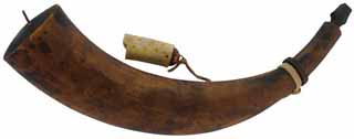 Powder Horn,
13-1/4", antique patina finish, 
bone powder measure,
new, hand made, by Scott & Cathy Sibley