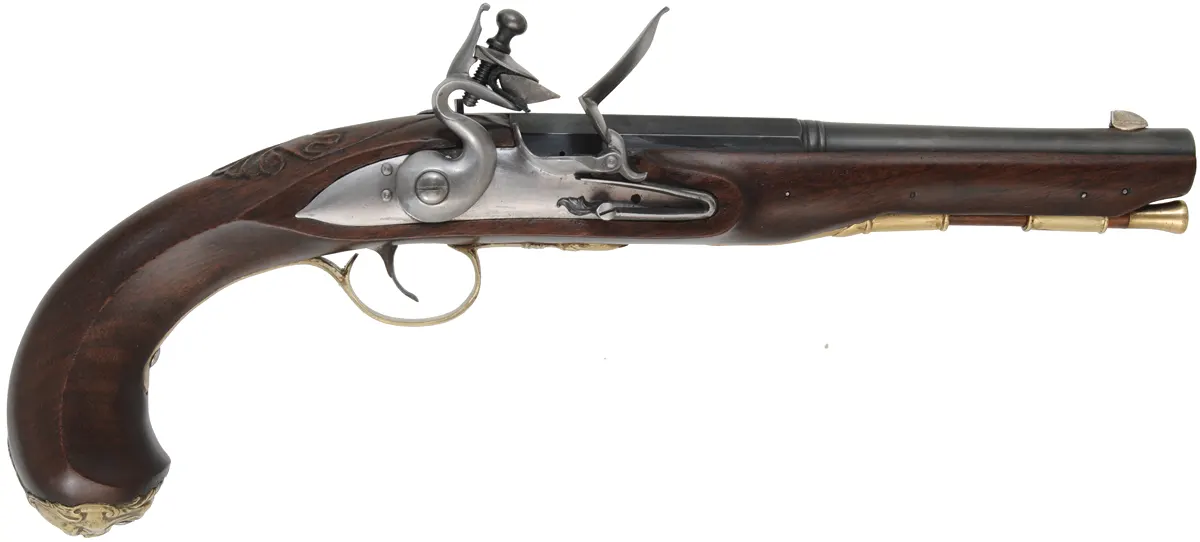 Kentucky Pistol,
.50 caliber 8-1/2" octagon-to-round barrel,
small Queen Anne flintlock, walnut, brass furniture, appears as-new