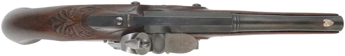 Kentucky Pistol,
.50 caliber 8-1/2" octagon-to-round barrel,
small Queen Anne flintlock, walnut, brass furniture, appears as-new