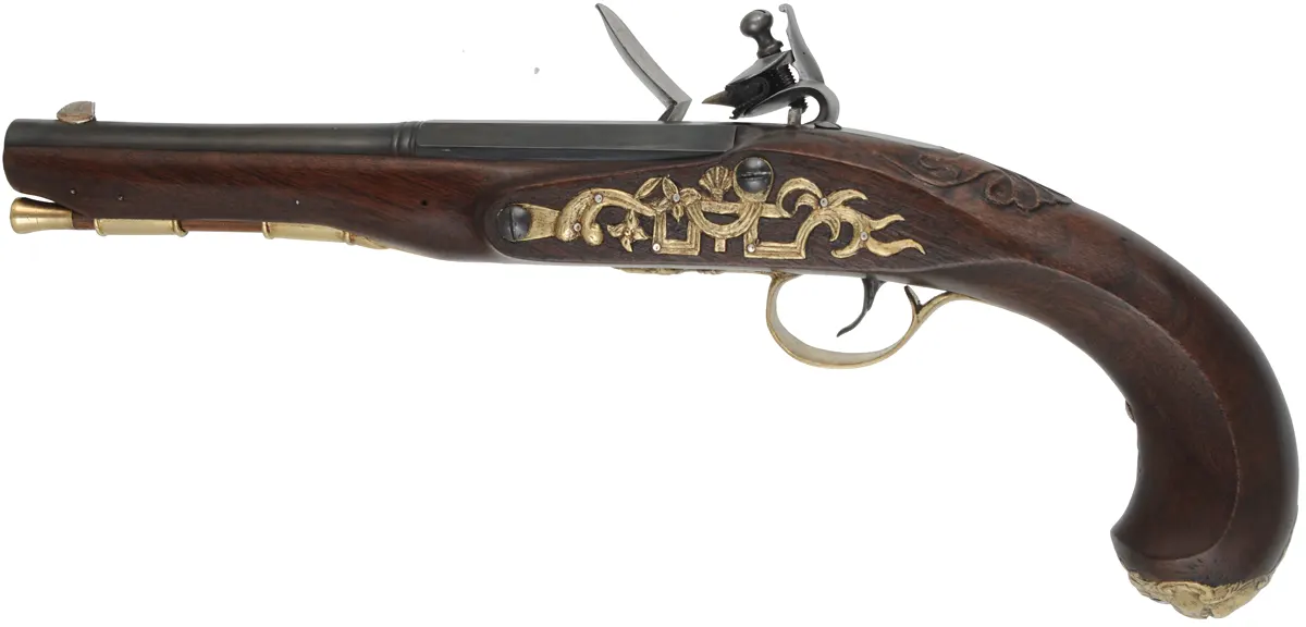 Kentucky Pistol,
.50 caliber 8-1/2" octagon-to-round barrel,
small Queen Anne flintlock, walnut, brass furniture, appears as-new